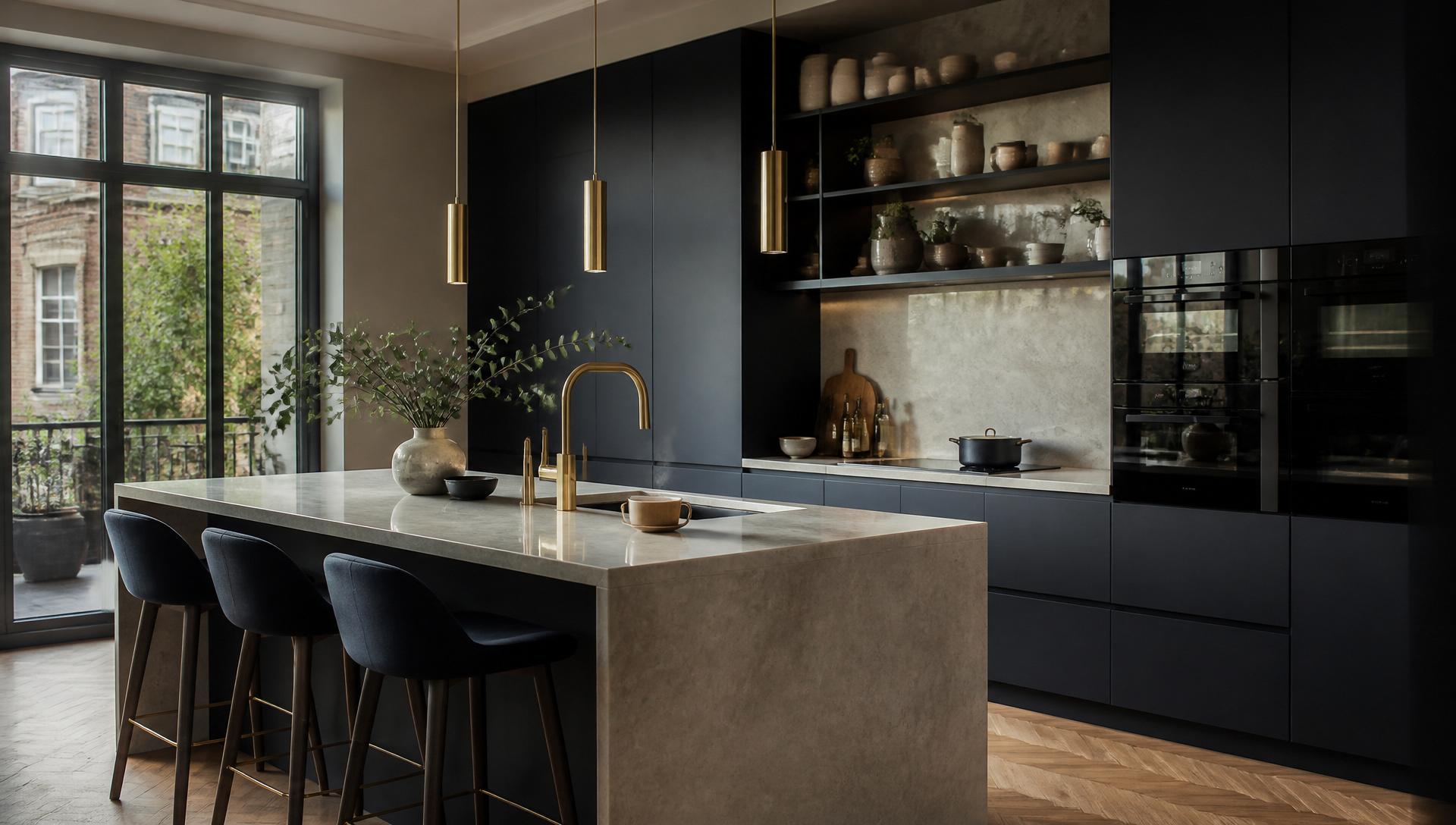 Calm kitchen with island, matte cabinetry and warm daylight — illustrative reference