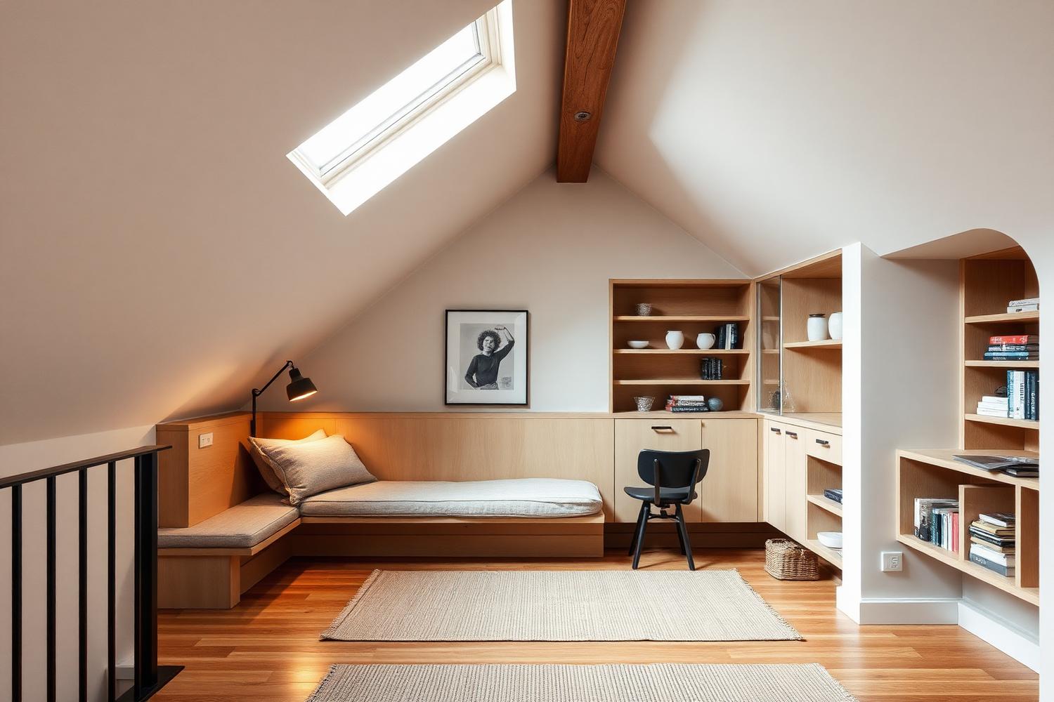 Loft bedroom with rooflight and integrated eaves storage — illustrative reference